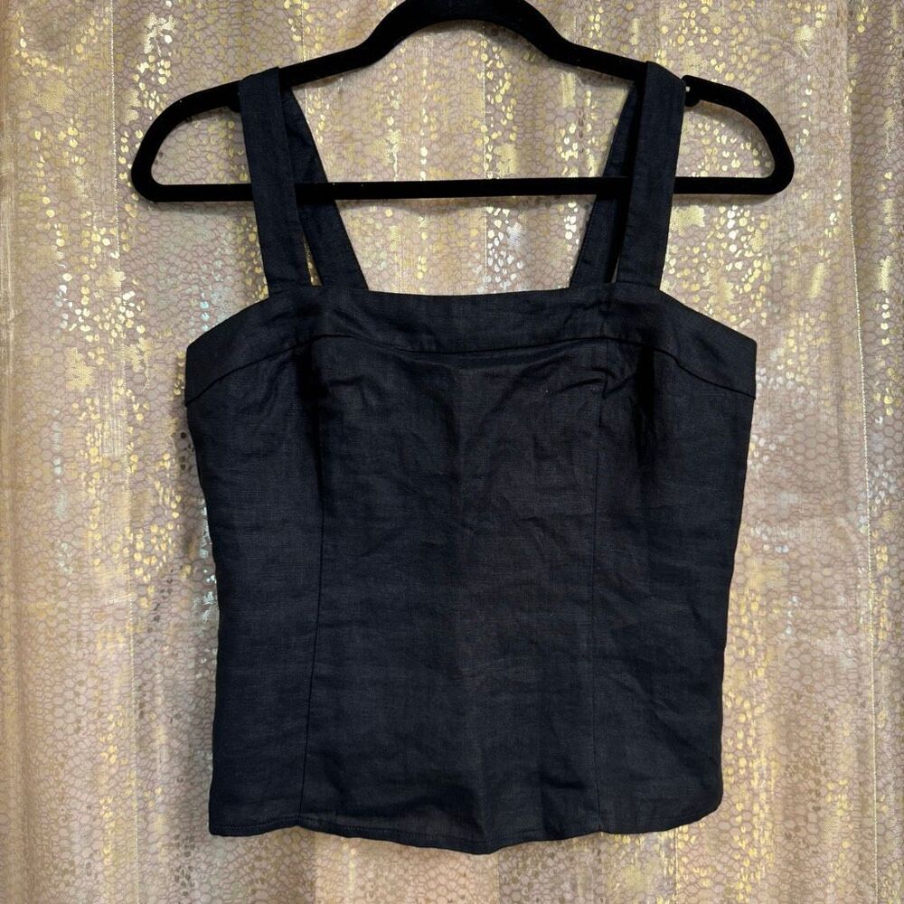 Quince Black 100% European Linen Fitted Tank Square Neck Top XS NWT